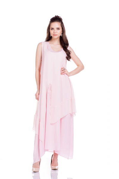 Платье двухслойное свободного кроя розового цвета - Фото