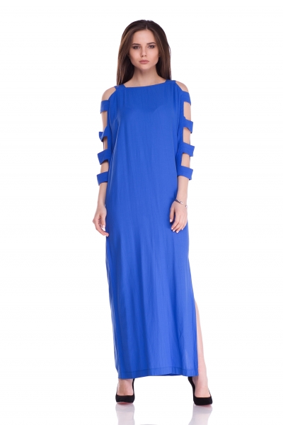 Платье синего цвета с разрезами на рукавах - Фото