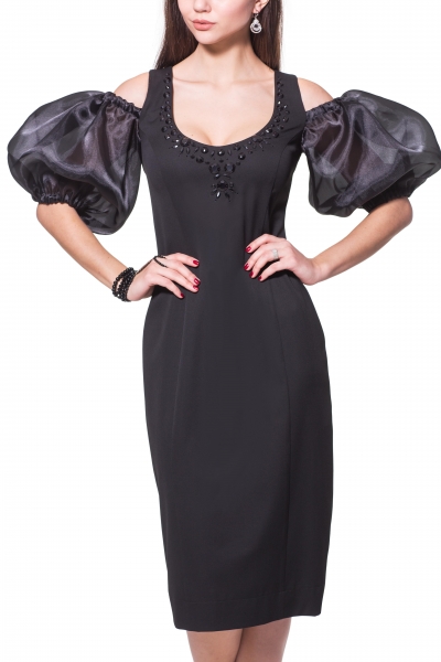 Платье черное с рукавом из органзы  - Фото
