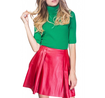 The skirt is short of eco-leather red