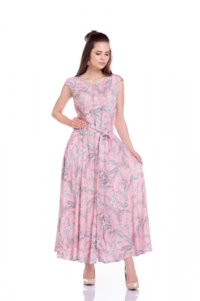 Платье розовое с принтом под пояс - Фото